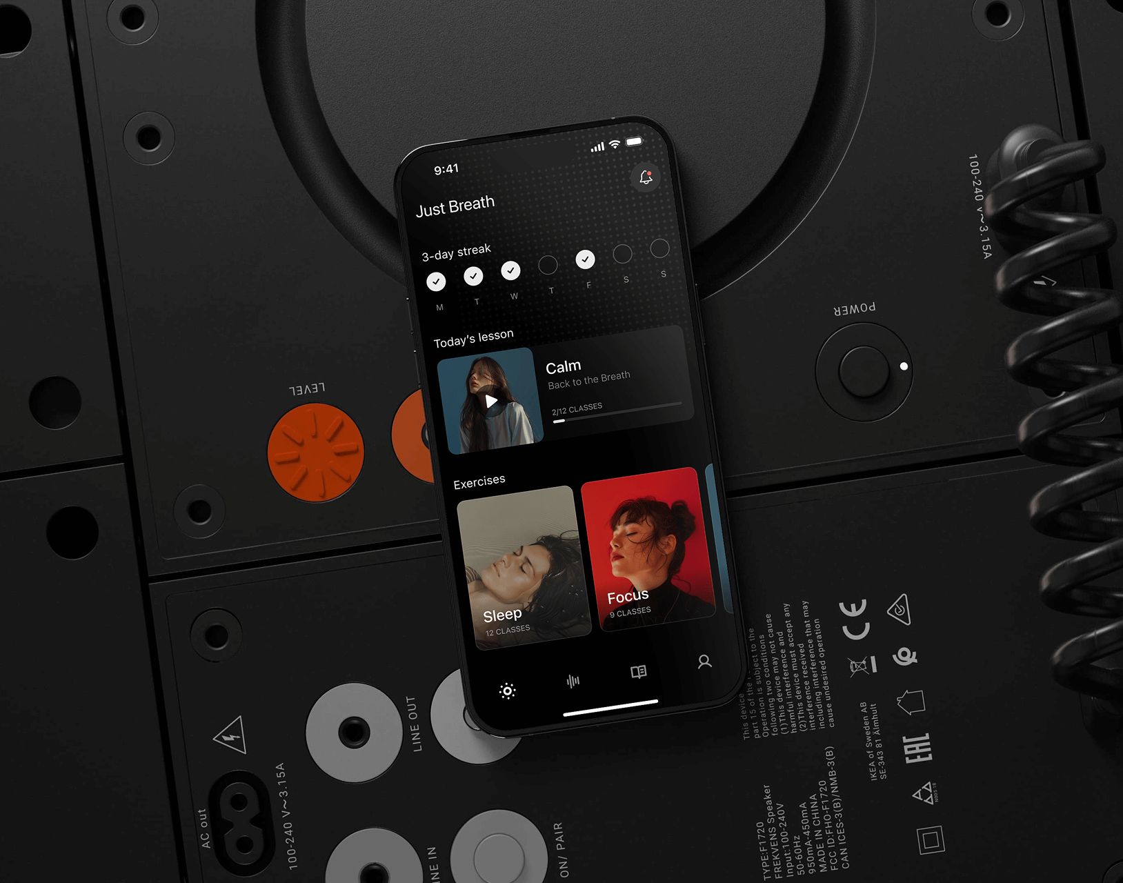 Music meditation app design in dark mode